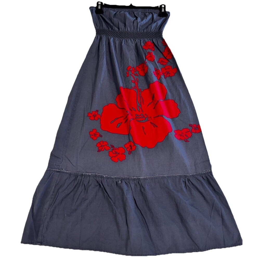 Roxy Strapless Maxi Dress Womens Gray Red Hibiscus Floral Boho Beach Small